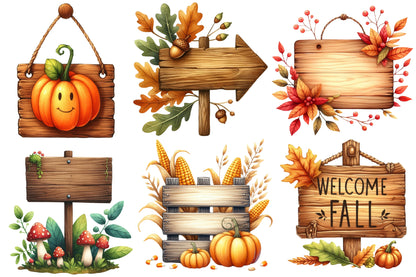 Watercolor Autumn Wooden Signs Clipart Bundle Fall Wood Sign PNG
