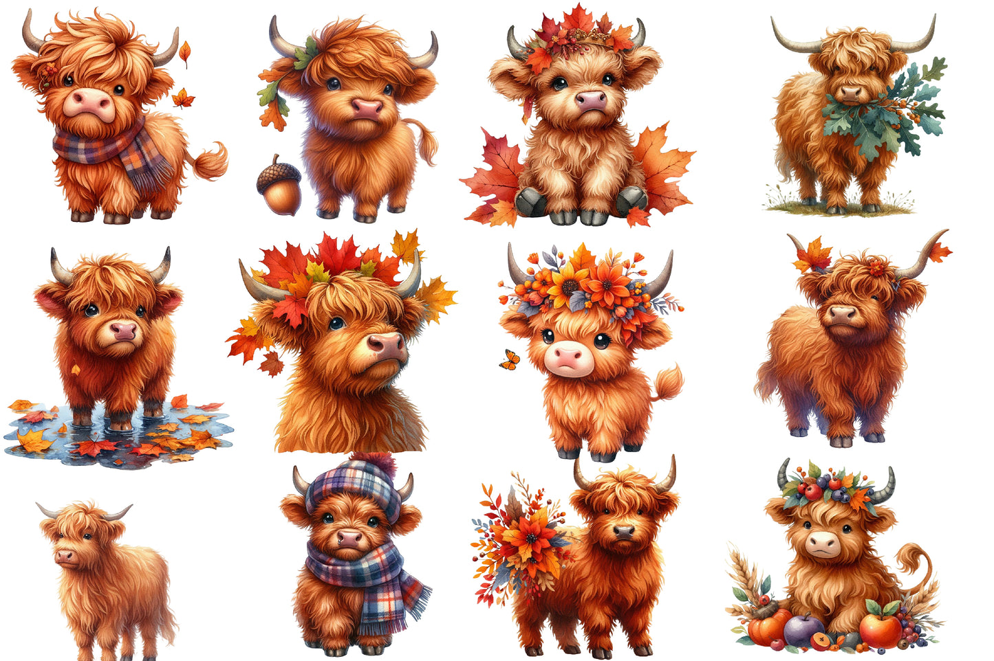 Watercolor Autumn Highland Cow Clipart PNG Bundle | Fall Highland Cow Clipart | Rustic Cow Sublimation PNG
