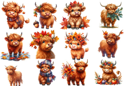 Watercolor Autumn Highland Cow Clipart PNG Bundle | Fall Highland Cow Clipart | Rustic Cow Sublimation PNG