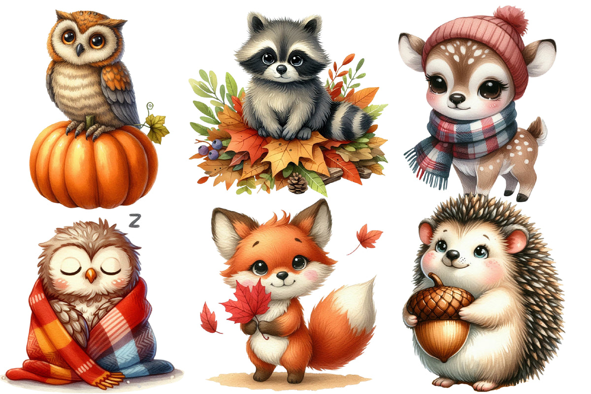 Watercolor Autumn Cute Animals Clipart Bundle Fall Woodland PNG