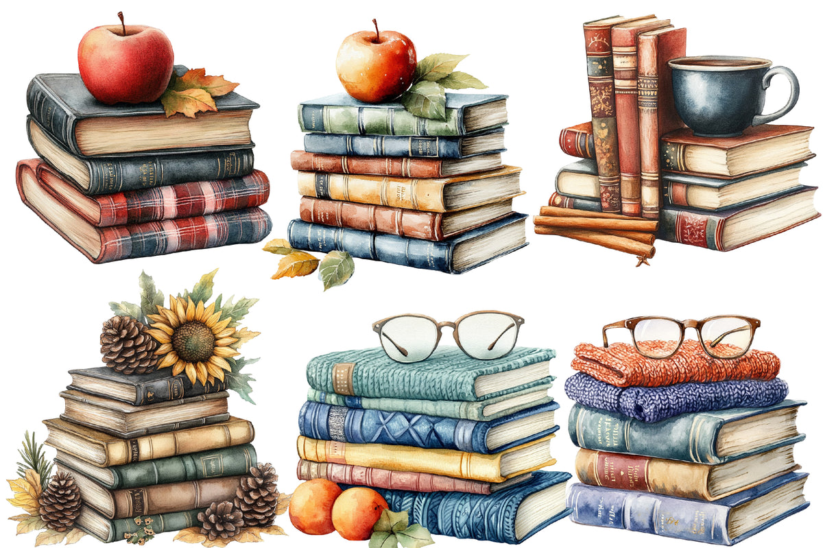 Watercolor Autumn Fall Books Clipart Bundle Cozy Book Lover PNG