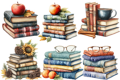 Watercolor Autumn Fall Books Clipart Bundle Cozy Book Lover PNG