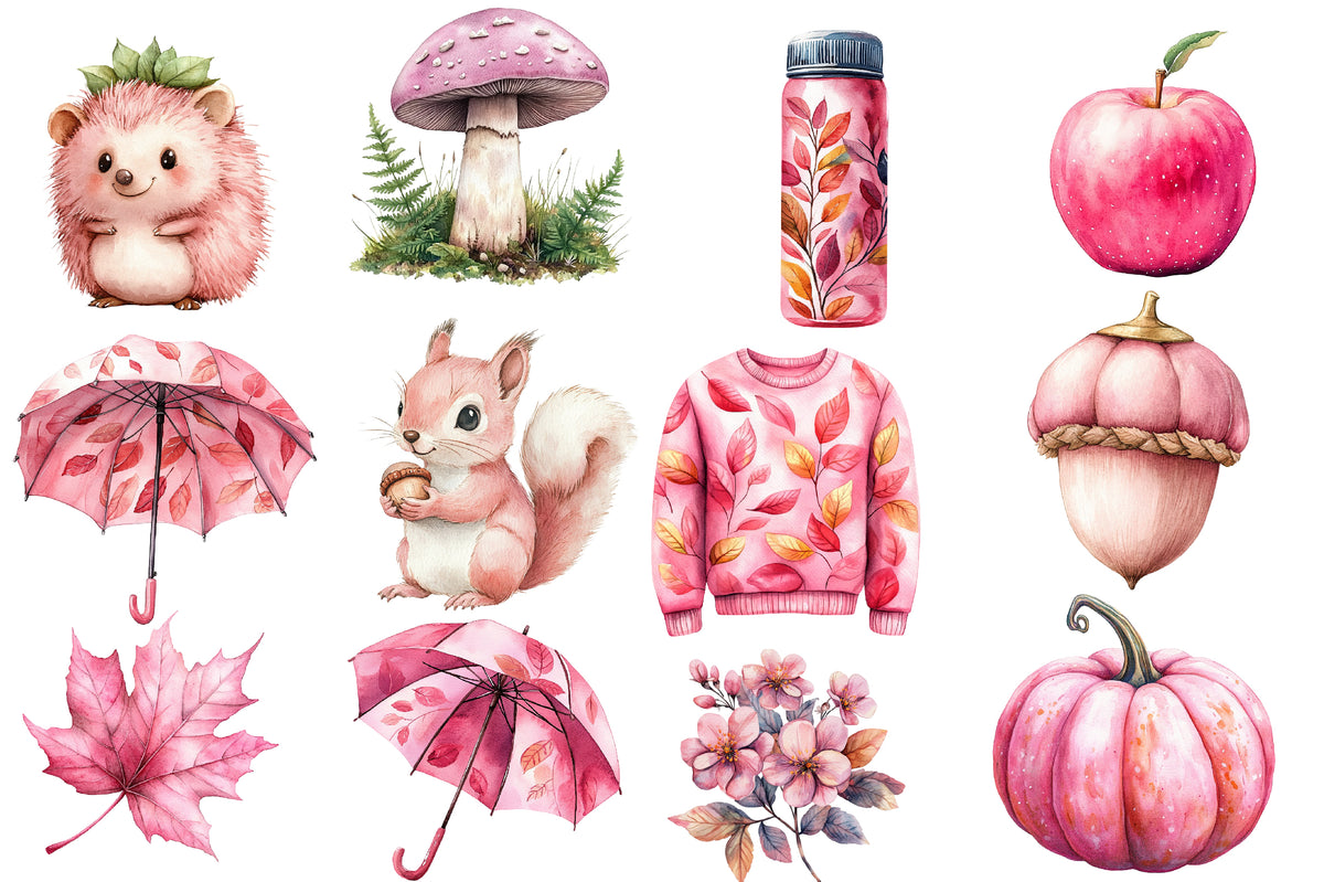 Watercolor Pink Fall Autumn Clipart Bundle 39 PNG