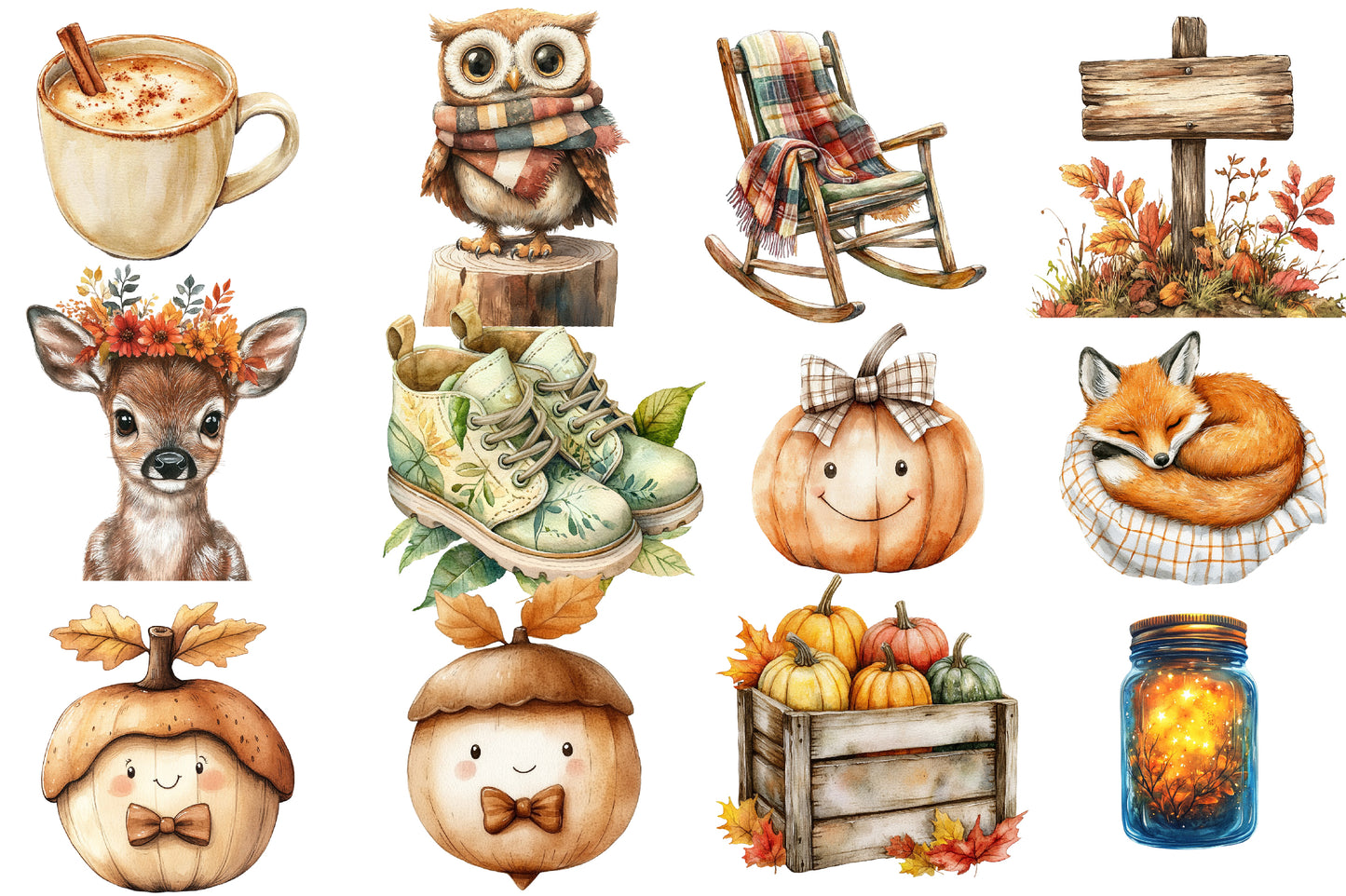 Watercolor Nursery Autumn Farmhouse Clipart Bundle 32 PNG