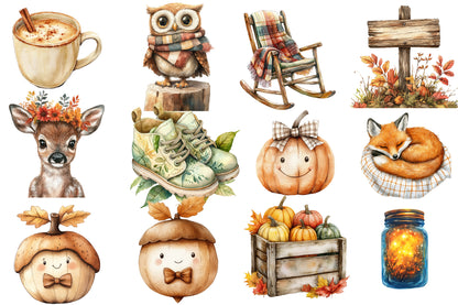 Watercolor Nursery Autumn Farmhouse Clipart Bundle 32 PNG