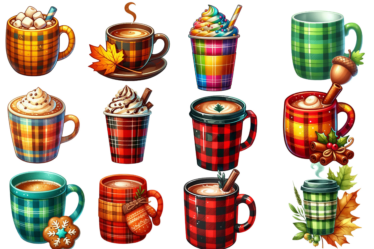 Watercolor Autumn Plaid Coffee Cup Clipart Bundle Cozy Fall PNG