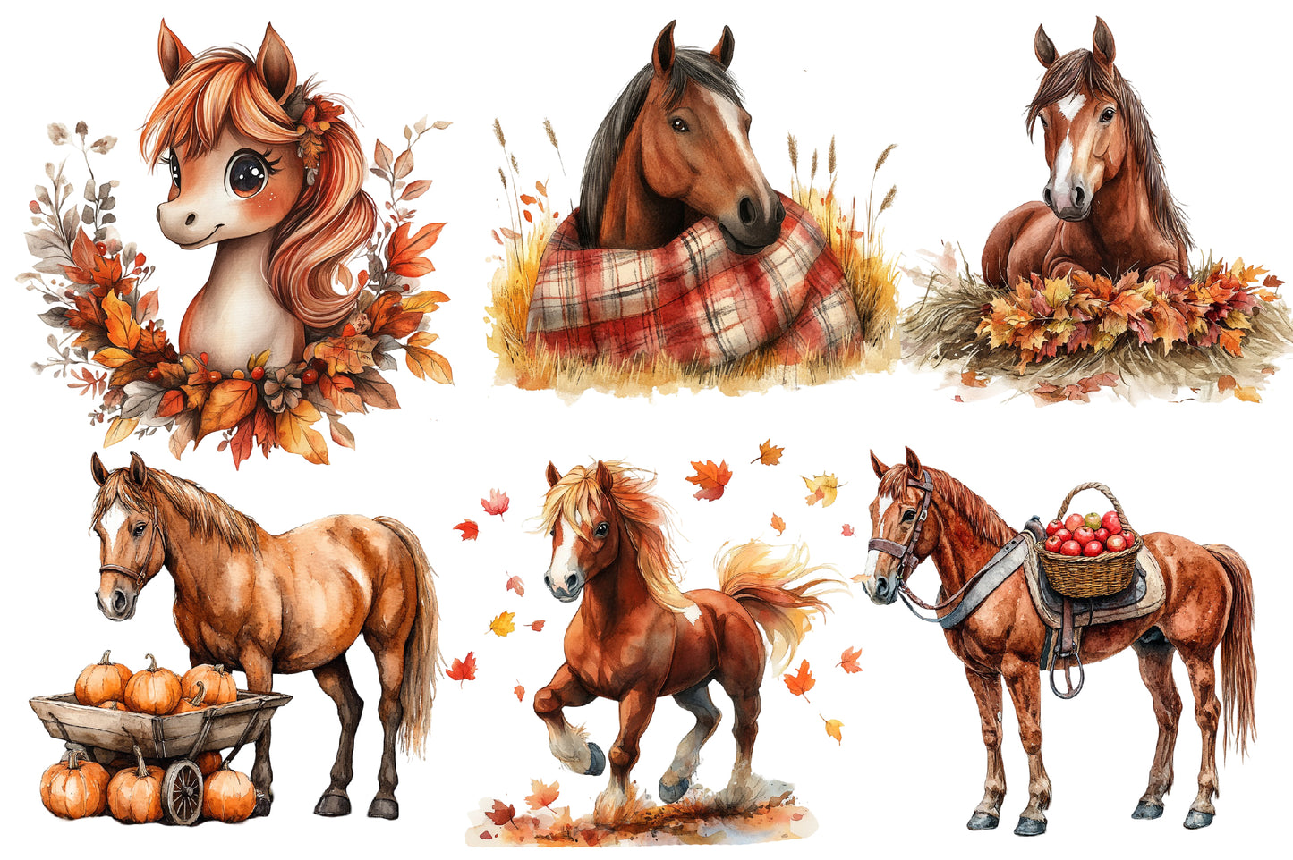 Autumn Brown Horse Clipart PNG Bundle | Watercolor Fall Horse Clipart | Rustic Woodland Horse PNG