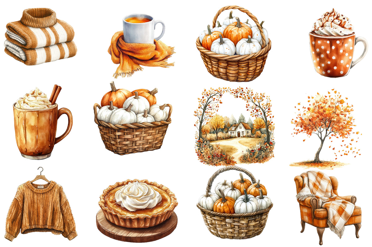 Watercolor Cozy Fall Clipart Bundle Autumn Caramel & White PNG