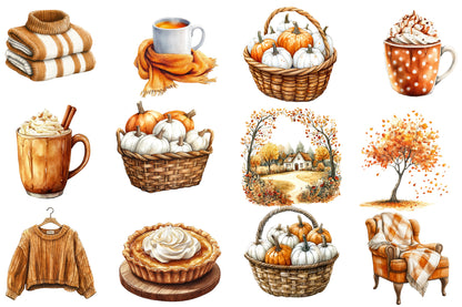 Watercolor Cozy Fall Clipart Bundle Autumn Caramel & White PNG