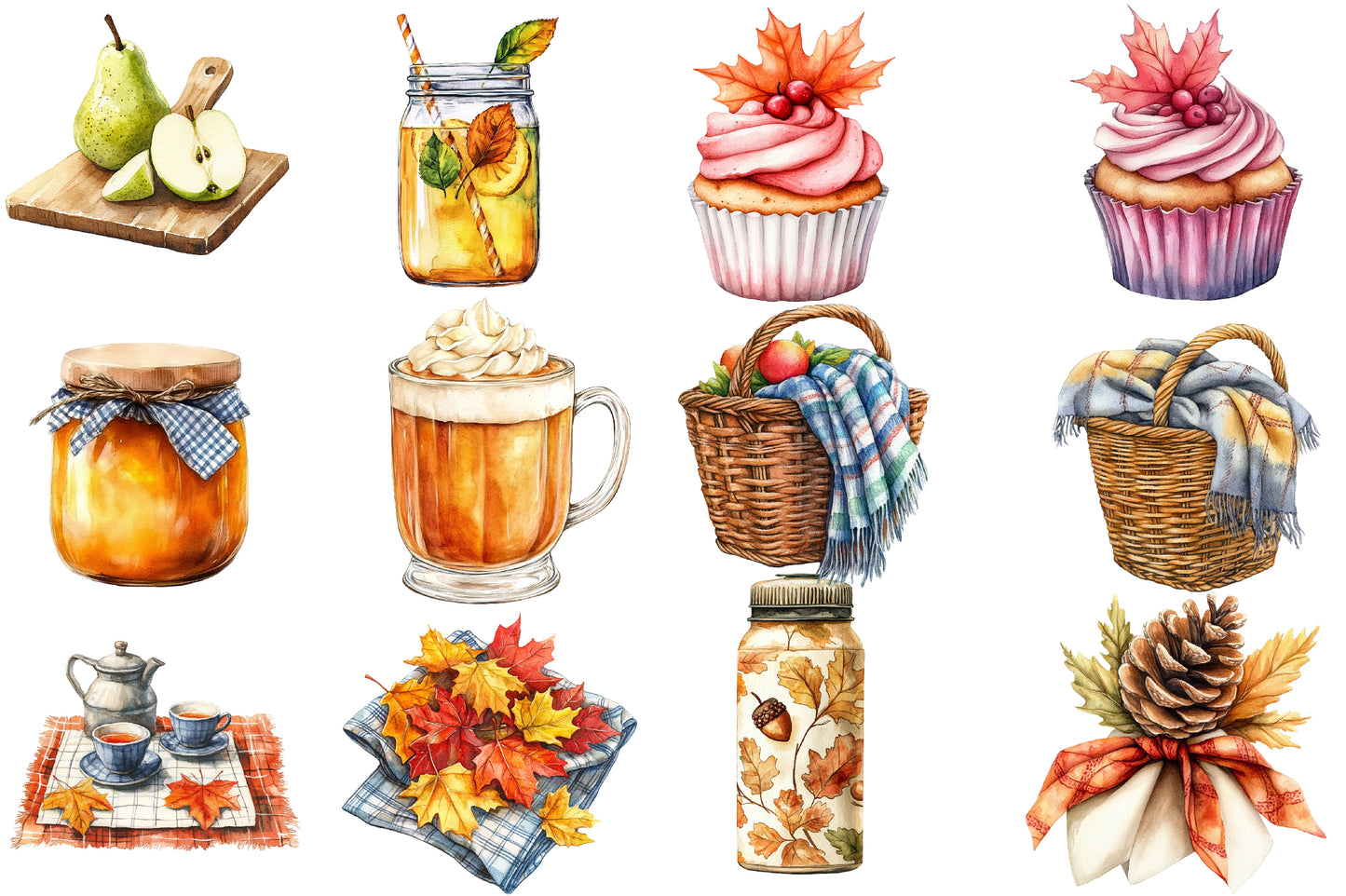 Watercolor Fall Picnic Sublimation Clipart Bundle 48 PNG