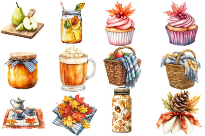 Watercolor Fall Picnic Sublimation Clipart Bundle 48 PNG