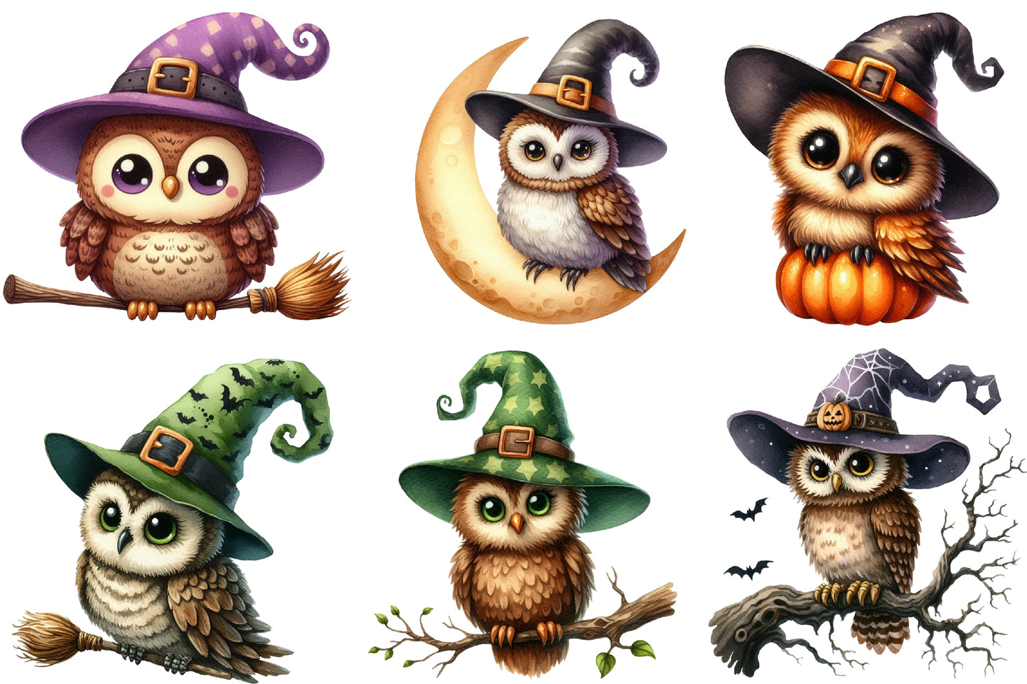 Watercolor Halloween Witch Owl Clipart PNG Bundle | Cute Owl Witch PNG