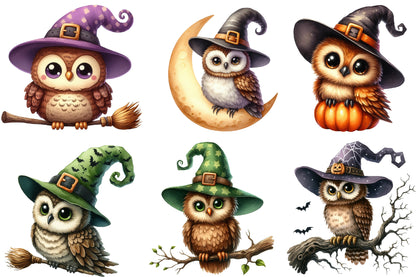 Watercolor Halloween Witch Owl Clipart PNG Bundle | Cute Owl Witch PNG