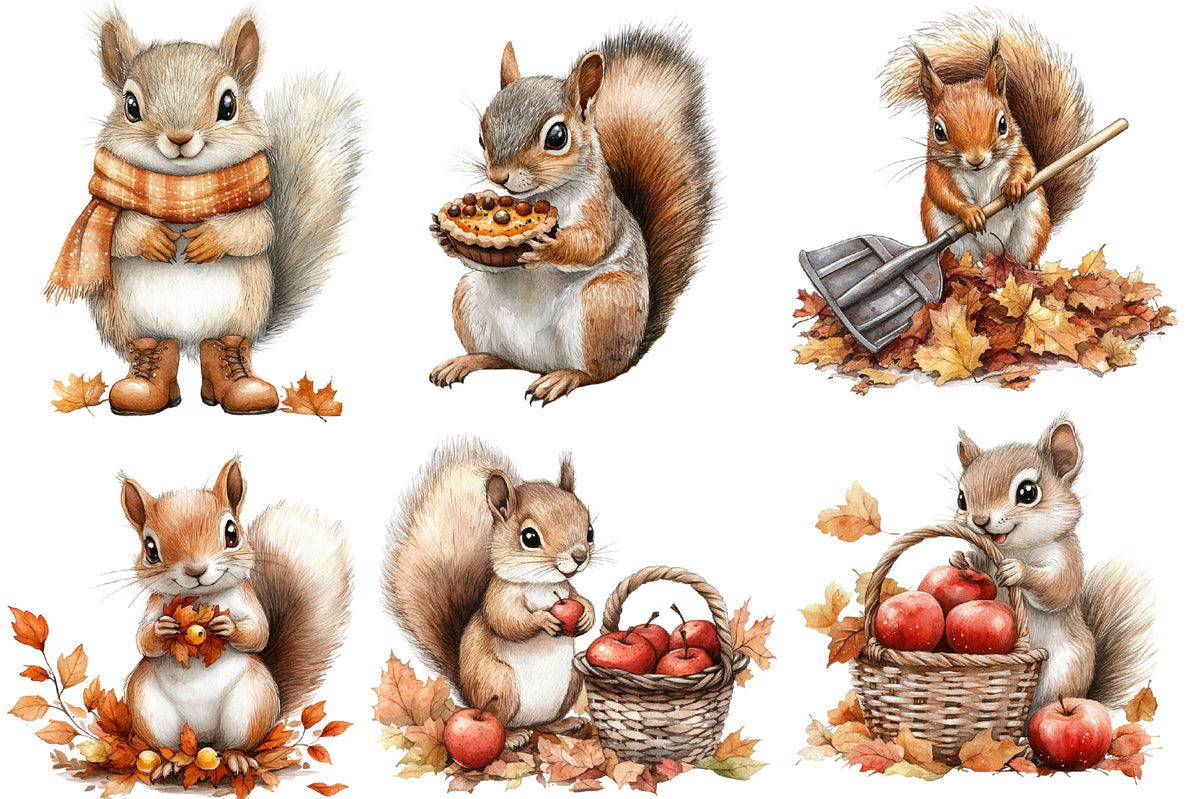 Watercolor Autumn Fall Squirrels Clipart Bundle Cute Woodland PNG