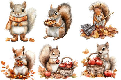 Watercolor Autumn Fall Squirrels Clipart Bundle Cute Woodland PNG