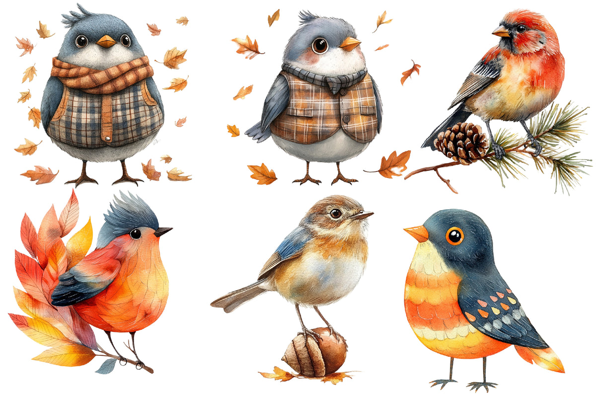 Watercolor Whimsical Fall Birds Clipart Bundle 29 PNG