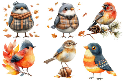 Watercolor Whimsical Fall Birds Clipart Bundle 29 PNG