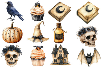 Watercolor Beige & Black Halloween Clipart Bundle Gothic Witchy PNG