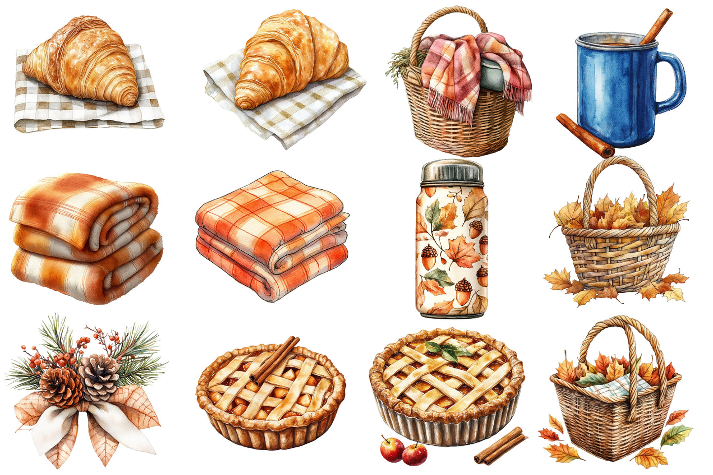 Watercolor Fall Picnic Sublimation Clipart Bundle 48 PNG