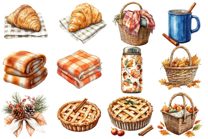 Watercolor Fall Picnic Sublimation Clipart Bundle 48 PNG