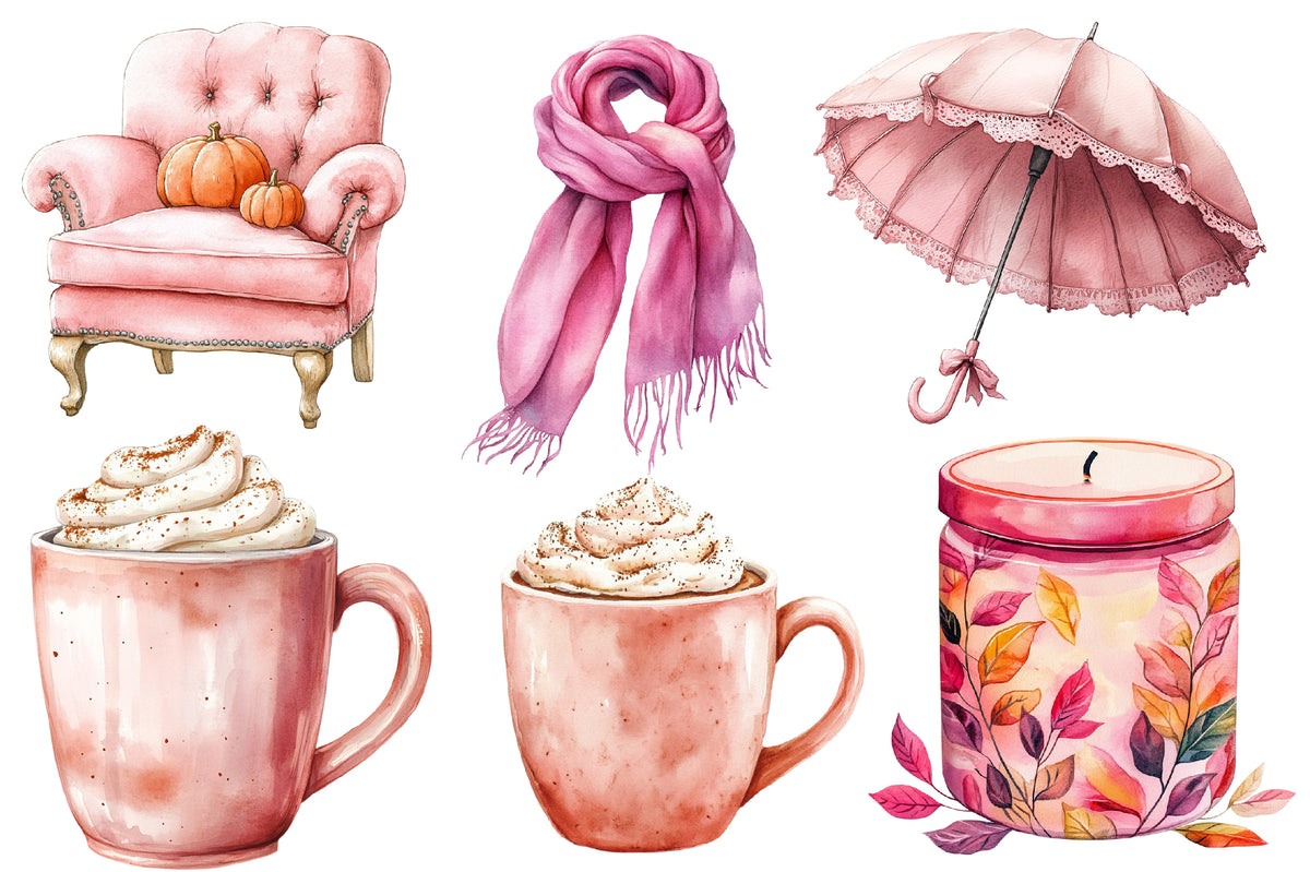 Watercolor Pink Coquette Autumn Clipart Bundle 42 PNG