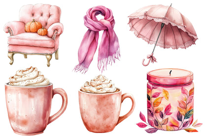 Watercolor Pink Coquette Autumn Clipart Bundle 42 PNG
