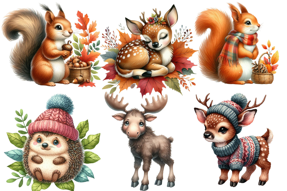 Watercolor Autumn Forest Animals Clipart Bundle Cute Fall Woodland PNG