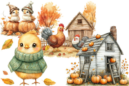 Watercolor Fall Chicken Clipart Bundle Farmhouse Autumn PNG