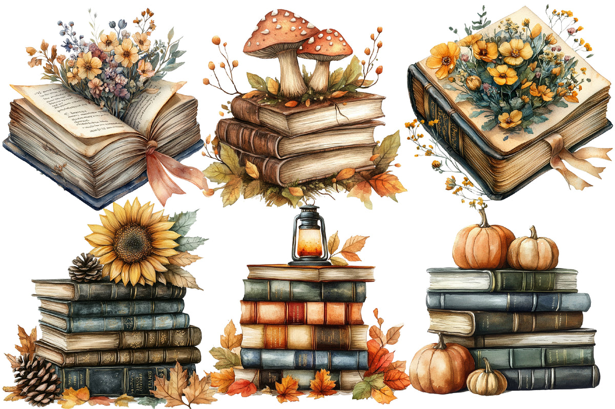 Watercolor Autumn Fall Books Clipart Bundle Cozy Book Lover PNG