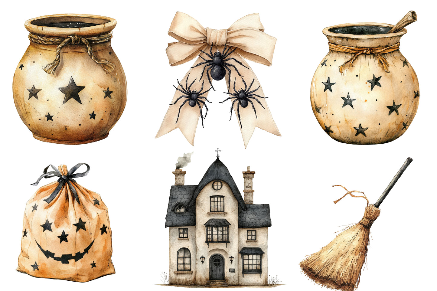 Watercolor Beige & Black Halloween Clipart Bundle Gothic Witchy PNG