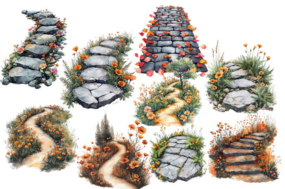 Watercolor Fall Wildflower Pathway Clipart Bundle 27 PNG