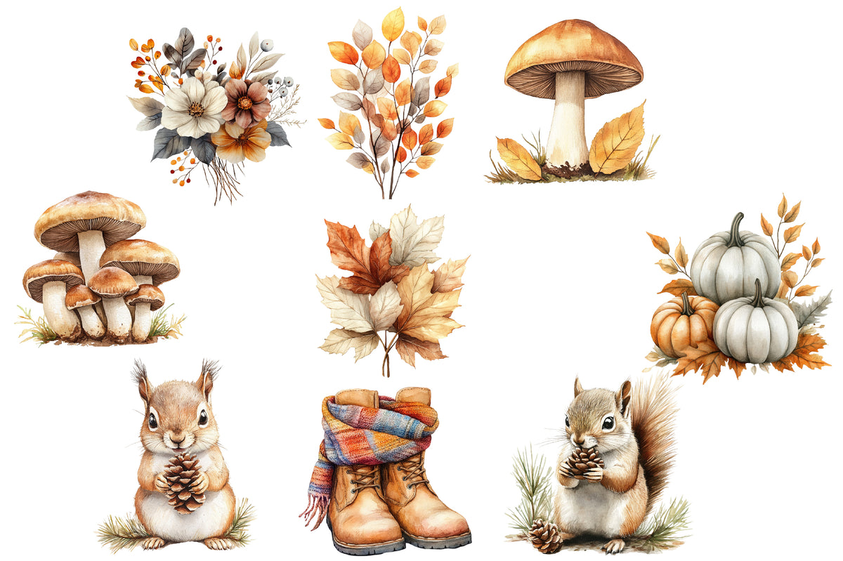 Watercolor Neutral Autumn Clipart Bundle Cozy Fall Woodland PNG