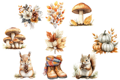 Watercolor Neutral Autumn Clipart Bundle Cozy Fall Woodland PNG