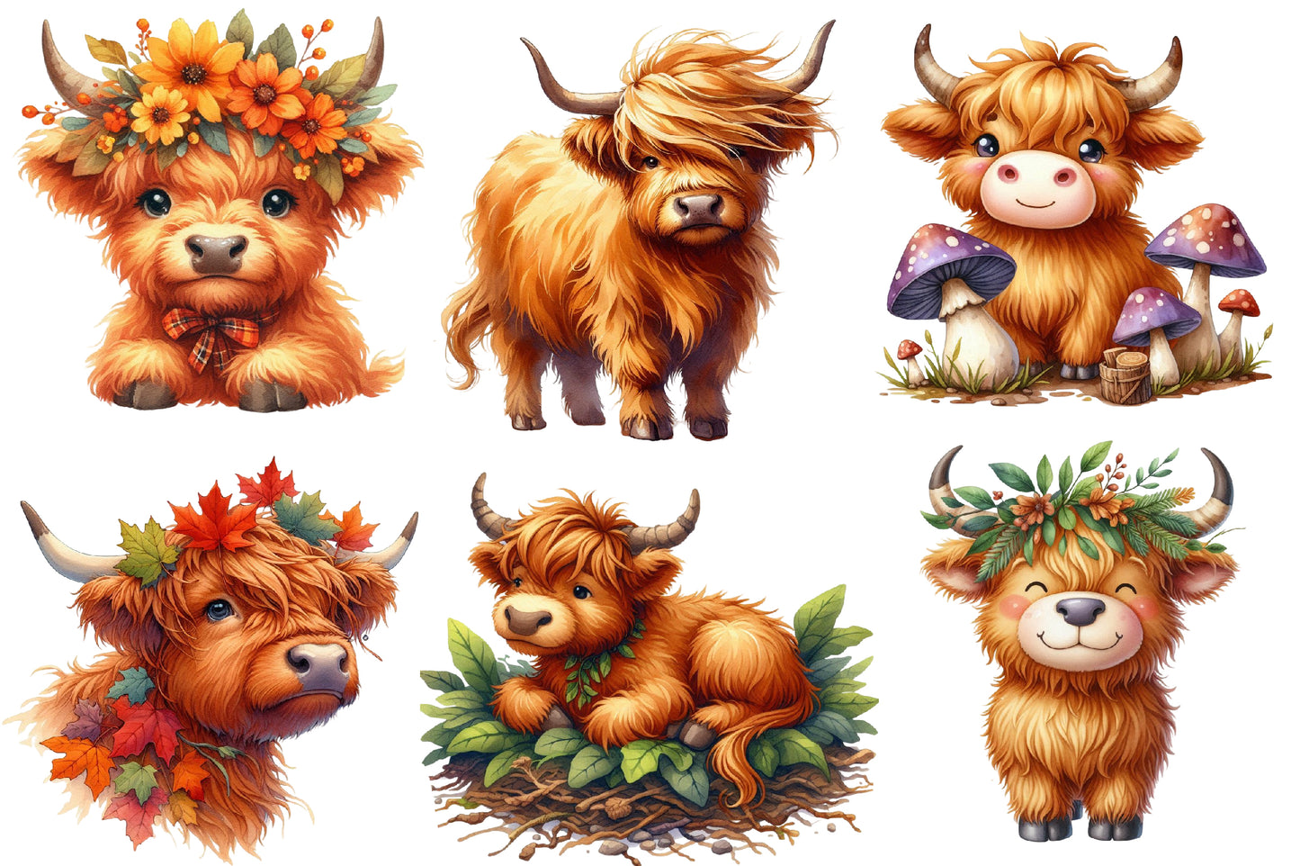 Watercolor Autumn Highland Cow Clipart PNG Bundle | Fall Highland Cow Clipart | Rustic Cow Sublimation PNG
