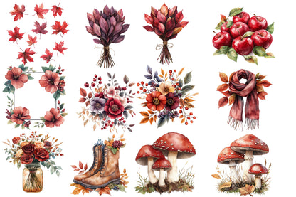 Watercolor Burgundy Autumn Clipart Bundle Fall Harvest PNG Collection