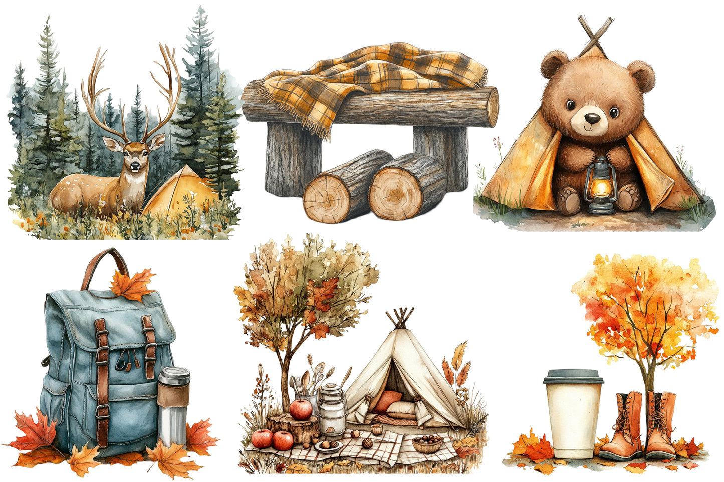 Autumn Camping Trip Clipart PNG Bundle | Watercolor Cozy Fall Camping Clipart | Rustic Campfire Adventure PNG