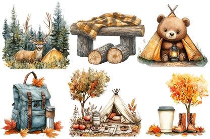 Autumn Camping Trip Clipart PNG Bundle | Watercolor Cozy Fall Camping Clipart | Rustic Campfire Adventure PNG