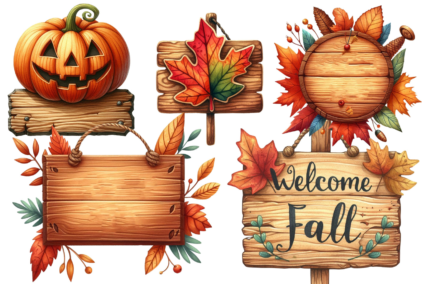 Watercolor Autumn Wooden Signs Clipart Bundle Fall Wood Sign PNG