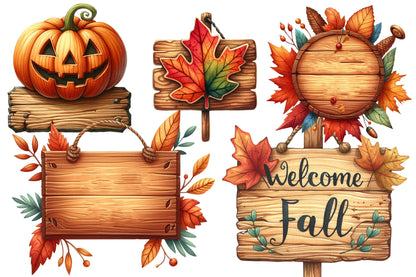 Watercolor Autumn Wooden Signs Clipart Bundle Fall Wood Sign PNG