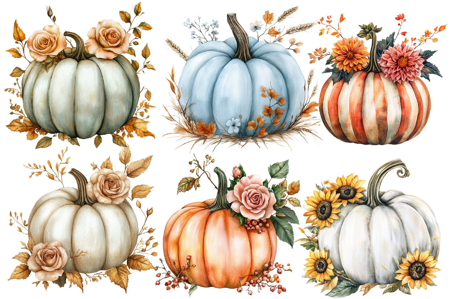 Autumn Pumpkin Floral PNG Bundle | Watercolor Pumpkin Clipart, Fall Pumpkin PNG