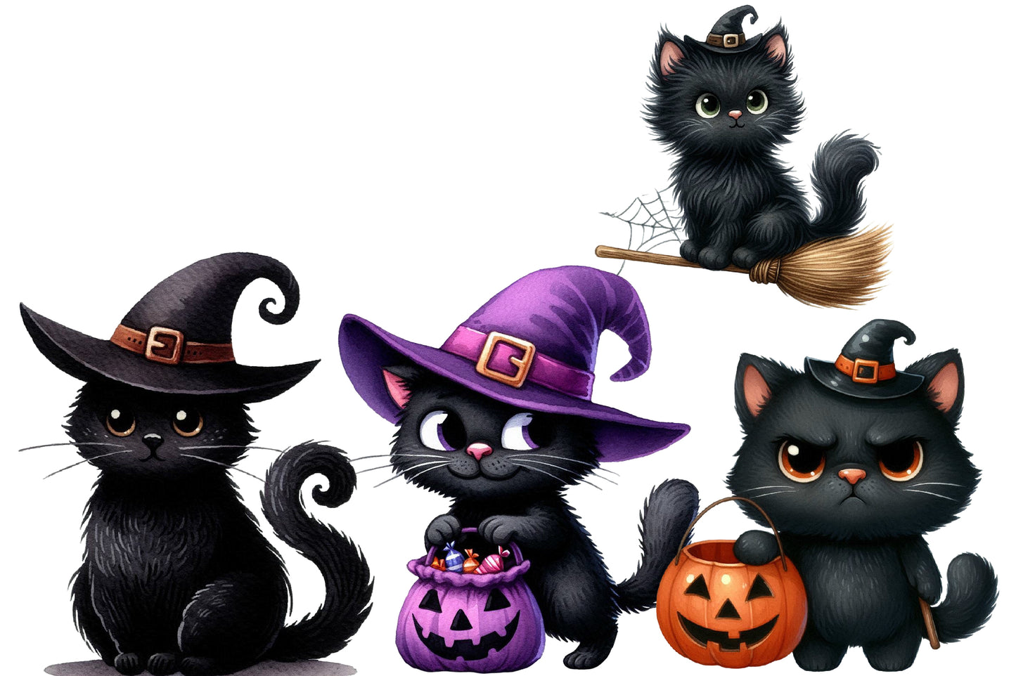 Watercolor Halloween Black Cats Clipart PNG Bundle | Cute Witch Cat PNG, Spooky Black Cat Clipart