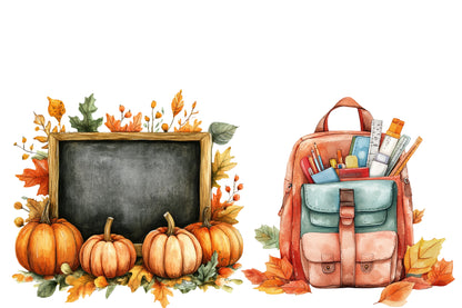 Autumn Back to School Clipart PNG Bundle | Watercolor Fall School Clipart | Cute School Supplies & Autumn PNG