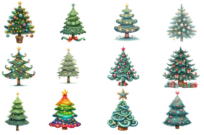 Cute Doodle Christmas Tree Watercolor Clipart PNG Bundle | Christmas Tree Clipart | Festive Holiday Sublimation PNG