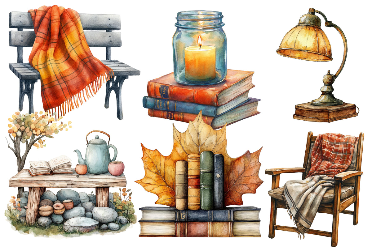 Watercolor Fall Reading Nook Clipart Bundle 23 PNG