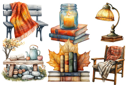 Watercolor Fall Reading Nook Clipart Bundle 23 PNG