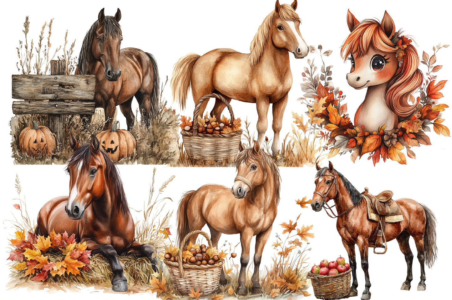 Autumn Brown Horse Clipart PNG Bundle | Watercolor Fall Horse Clipart | Rustic Woodland Horse PNG