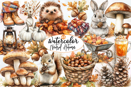 Watercolor Neutral Autumn Clipart Bundle Cozy Fall Woodland PNG