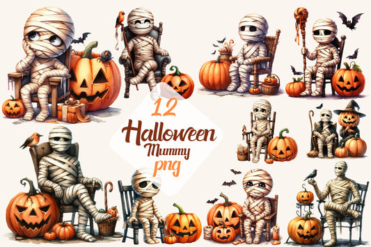 12 Watercolor Halloween Mummy PNG Bundle Cute Spooky Mummy Clipart