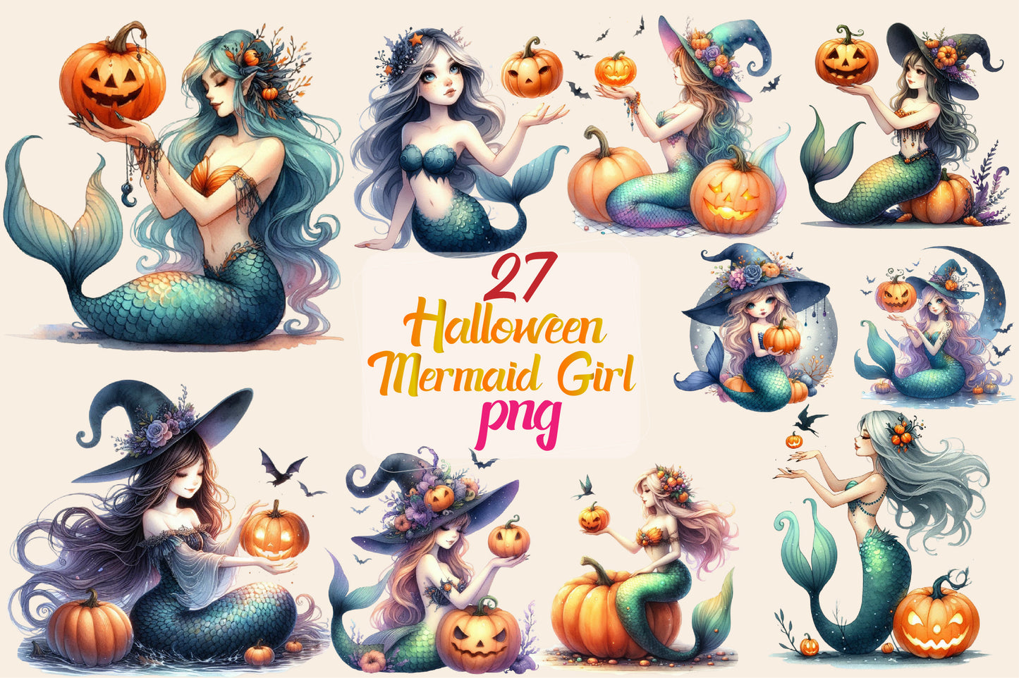 27 Watercolor Halloween Mermaid Girl PNG Bundle Cute Witch Mermaid Clipart