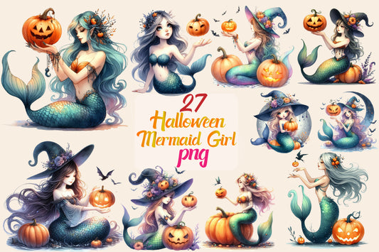27 Watercolor Halloween Mermaid Girl PNG Bundle Cute Witch Mermaid Clipart